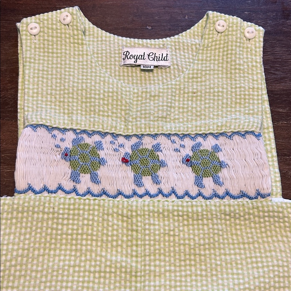 Royal Child Smocked Turtles Green Seersucker One-Piece Romper